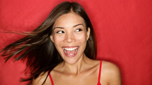 Happy woman in red