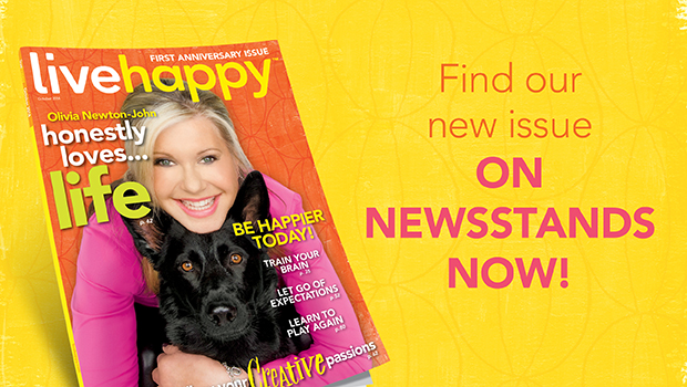 Olivia Newton John on the cover of Live Happy