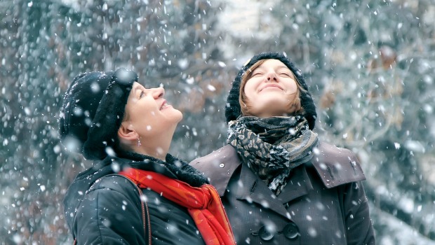 Snow falling during the holidays