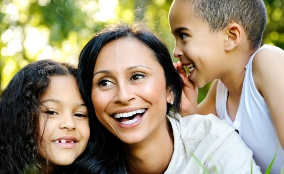 Mom and kids playing