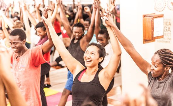 A joyful yoga class.