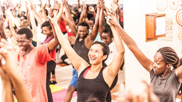 A joyful yoga class.