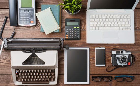 Desk with old and new technology.