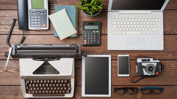 Desk with old and new technology.