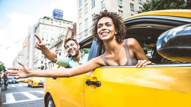 Couple in a taxi in Manhattan