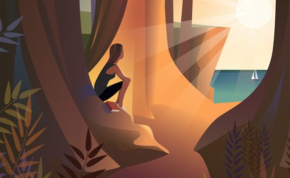 Illustration of person sitting in forest