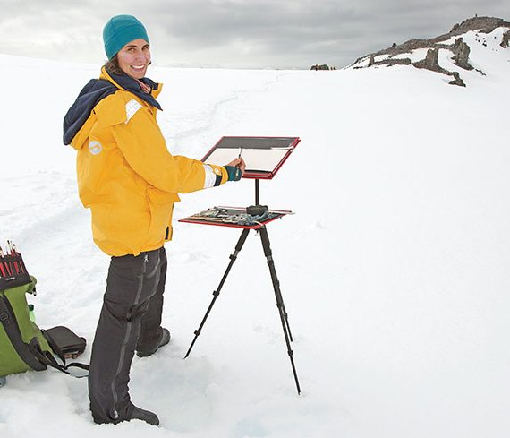 woman painting landscape, icebergs